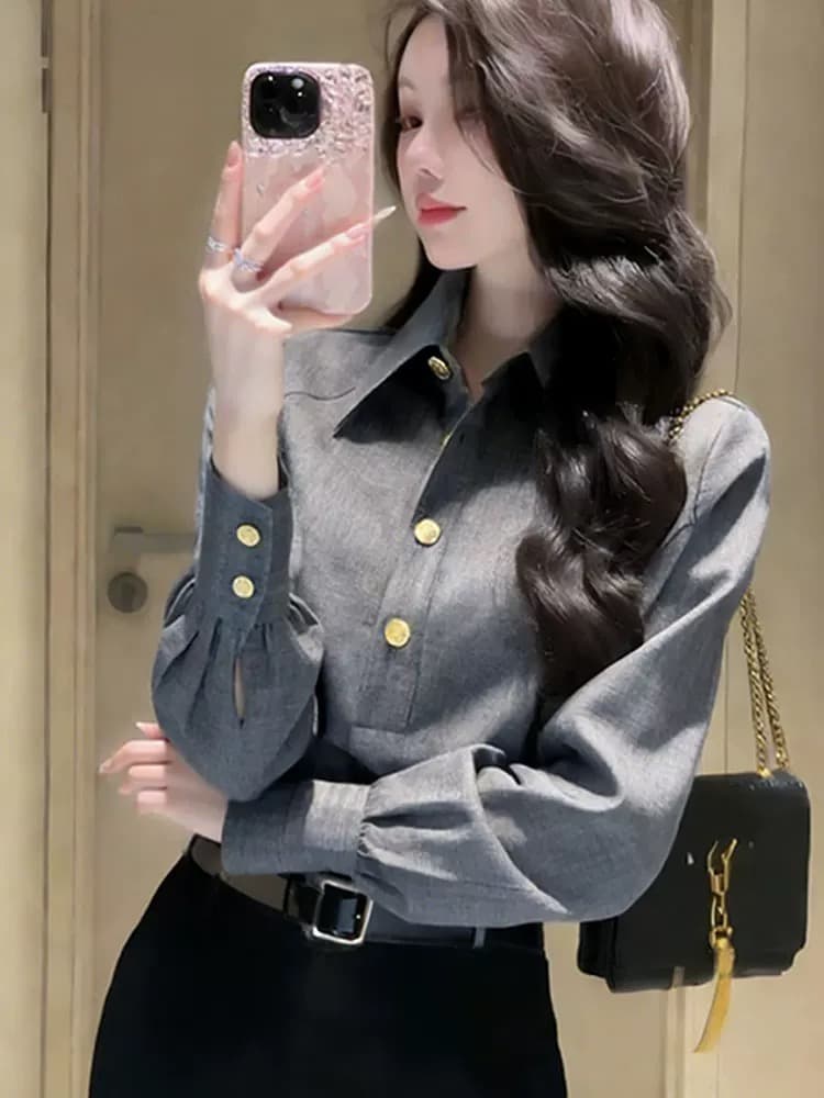 품격 지성 회색 금속 버클 폴로 칼라 셔츠 긴팔 여자 봄 새로운 빛 경력 출퇴근 다용도 맨위 이미지 4