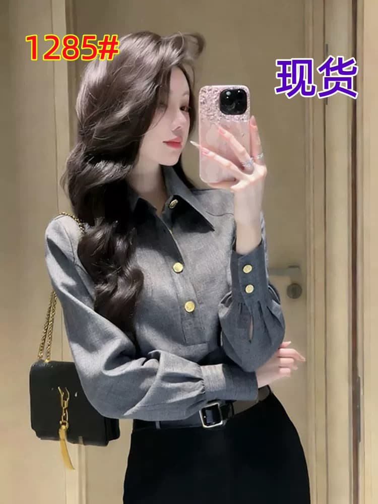 품격 지성 회색 금속 버클 폴로 칼라 셔츠 긴팔 여자 봄 새로운 빛 경력 출퇴근 다용도 맨위 상세 이미지 1