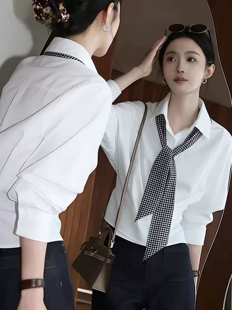 품격 고급 센스 익스트림 제인 바람 화이트 POLO 칼라 경기 스카프 셔츠 여성 긴 소매 몸매 가꾸기 디자인 센스 작은 대중 출퇴근 상세 이미지 1