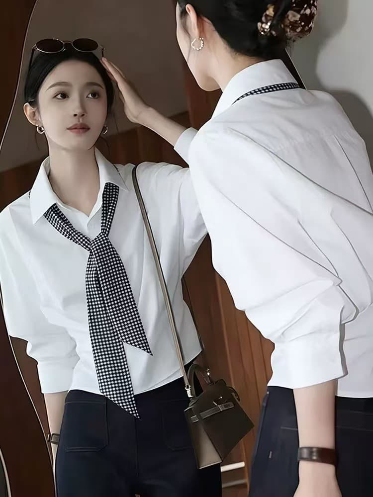 품격 고급 센스 익스트림 제인 바람 화이트 POLO 칼라 경기 스카프 셔츠 여성 긴 소매 몸매 가꾸기 디자인 센스 작은 대중 출퇴근 상세 이미지 3