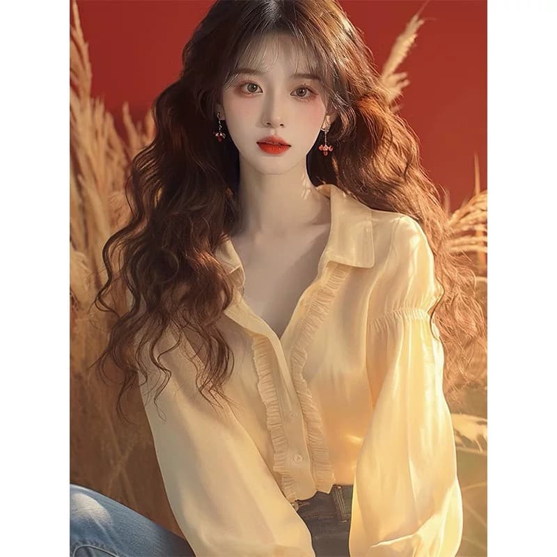 쉬폰 셔츠 2026 이른 봄 새로운 여성 의류 달콤함 공주 바람 고유 한 슈퍼 잘 생긴 긴팔 맨위 상세 이미지 2