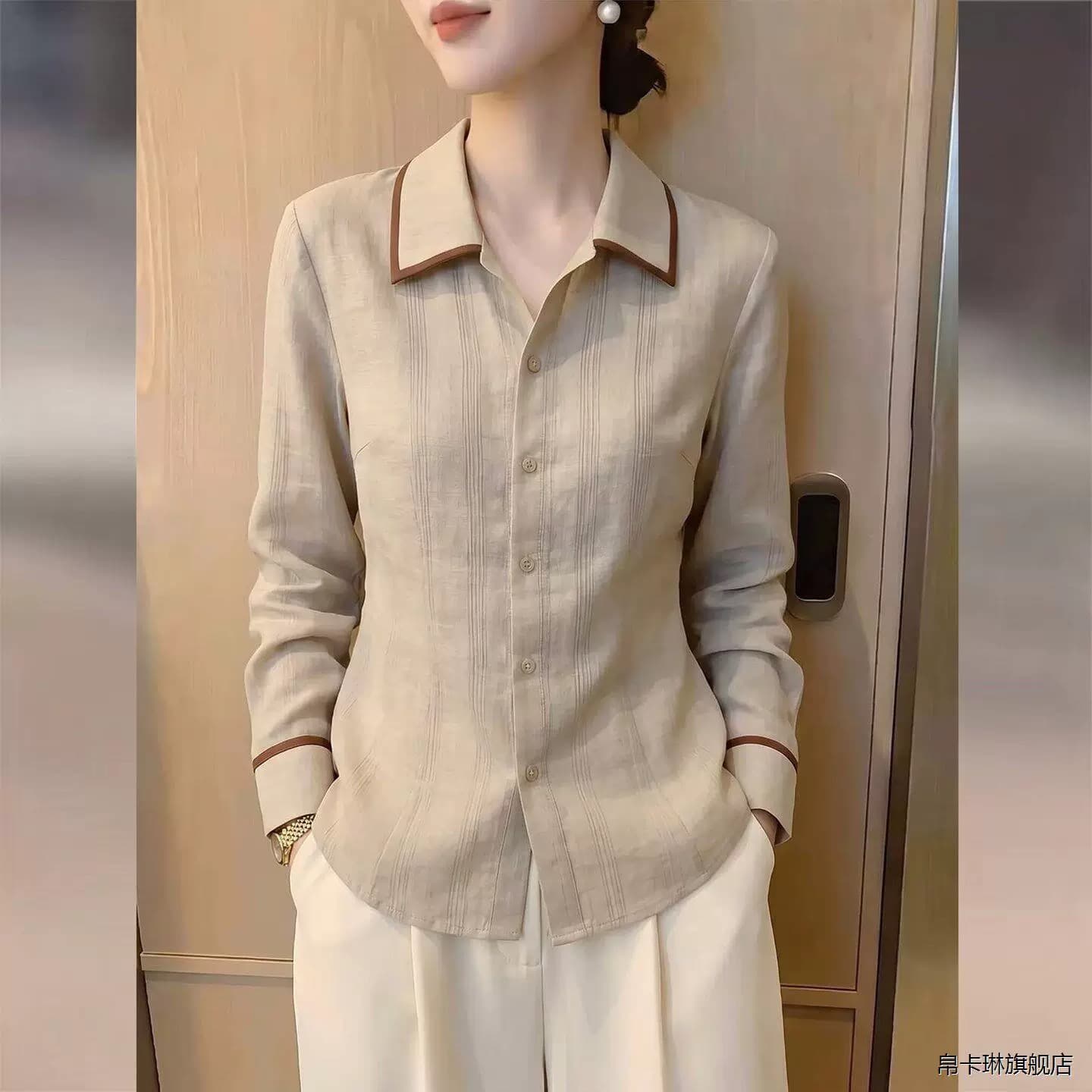 2026 봄 여름 새로운 프랑스식 디자인 센스 카키 색 셔츠 여성 긴 소매 폴로 칼라 품격 맨위 패션 작은 대중 이미지 4
