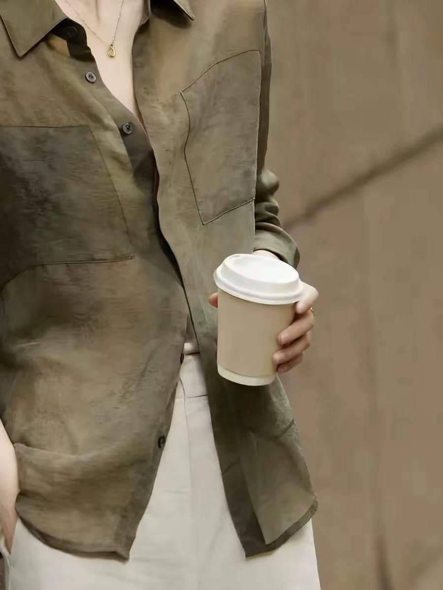 카운터 빼다 레트로 문예 폴로 칼라 자카드 셔츠 여름 여성 2026 년 새로운 루즈핏 긴팔 이끼 커피 녹색 이미지 2