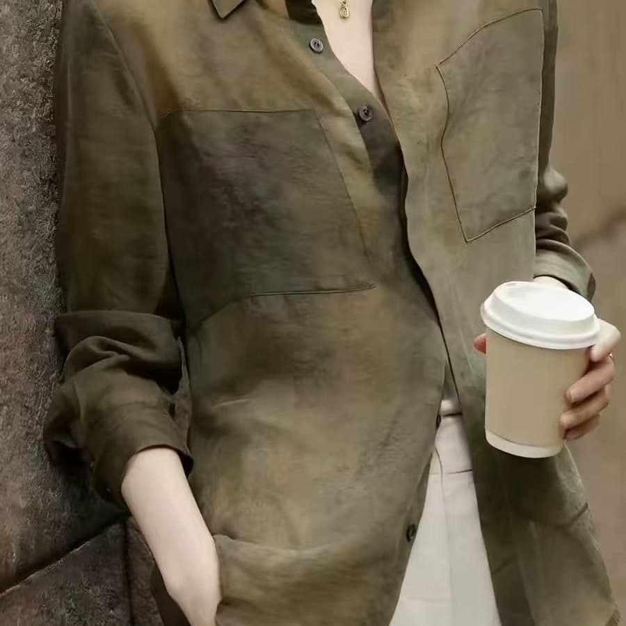 카운터 빼다 레트로 문예 폴로 칼라 자카드 셔츠 여름 여성 2026 년 새로운 루즈핏 긴팔 이끼 커피 녹색 이미지 5