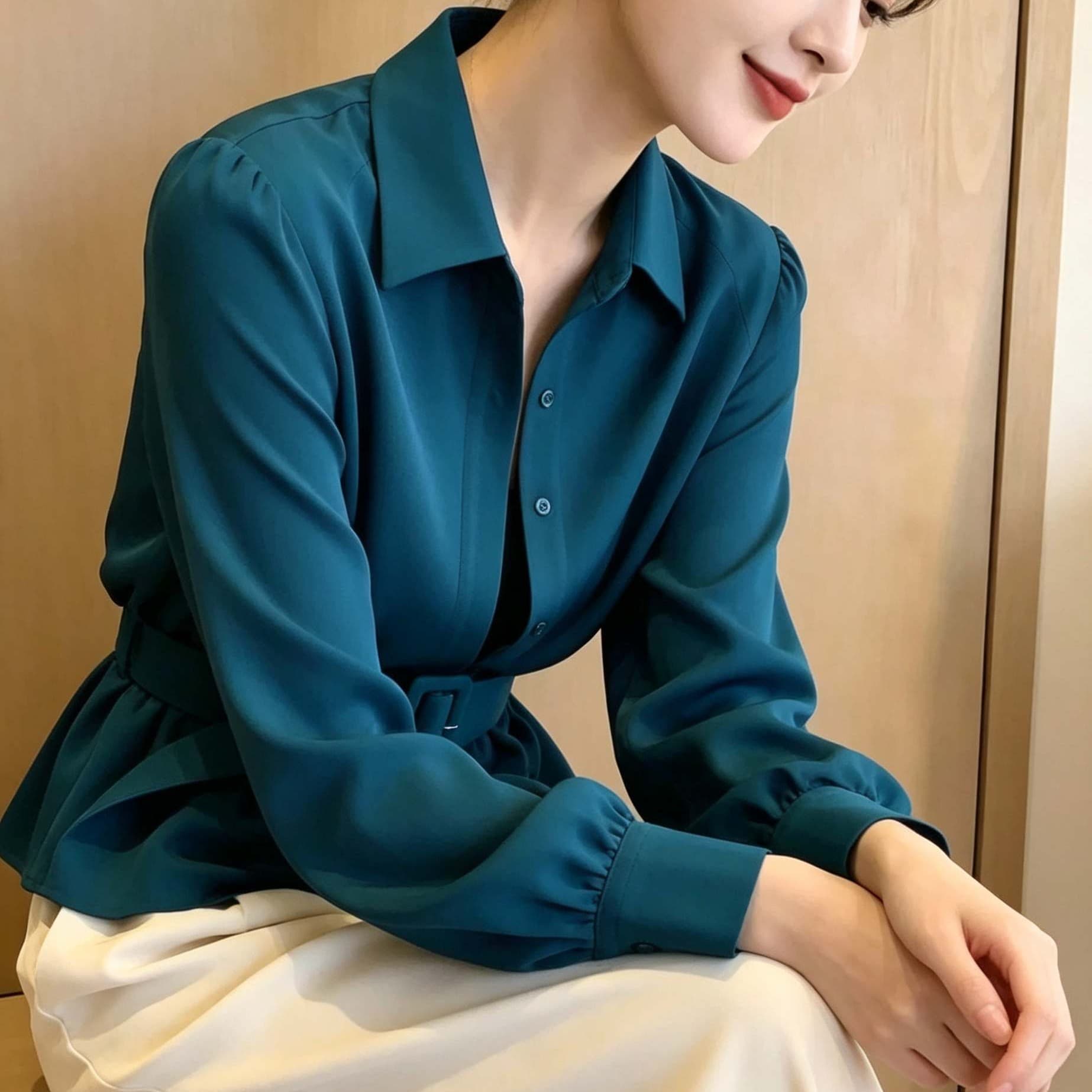 프랑스식 빛 럭셔리 파란색 긴팔 여성 셔츠 2026 가을 새로운 흐름 지불 폴로 칼라 허리 수축 고급 센스 출퇴근 맨위 이미지 5