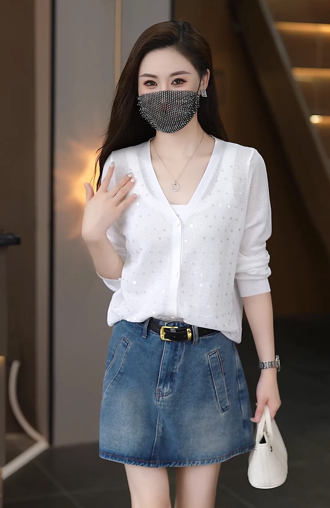 Chic 고유 한 얇고 가벼운 통기성 스팽글 홀로우 아웃 니트 오픈 가디건 여름 새로운 캐주얼 자외선 차단 작은 셔츠 다용도 맨위 상세 이미지 4