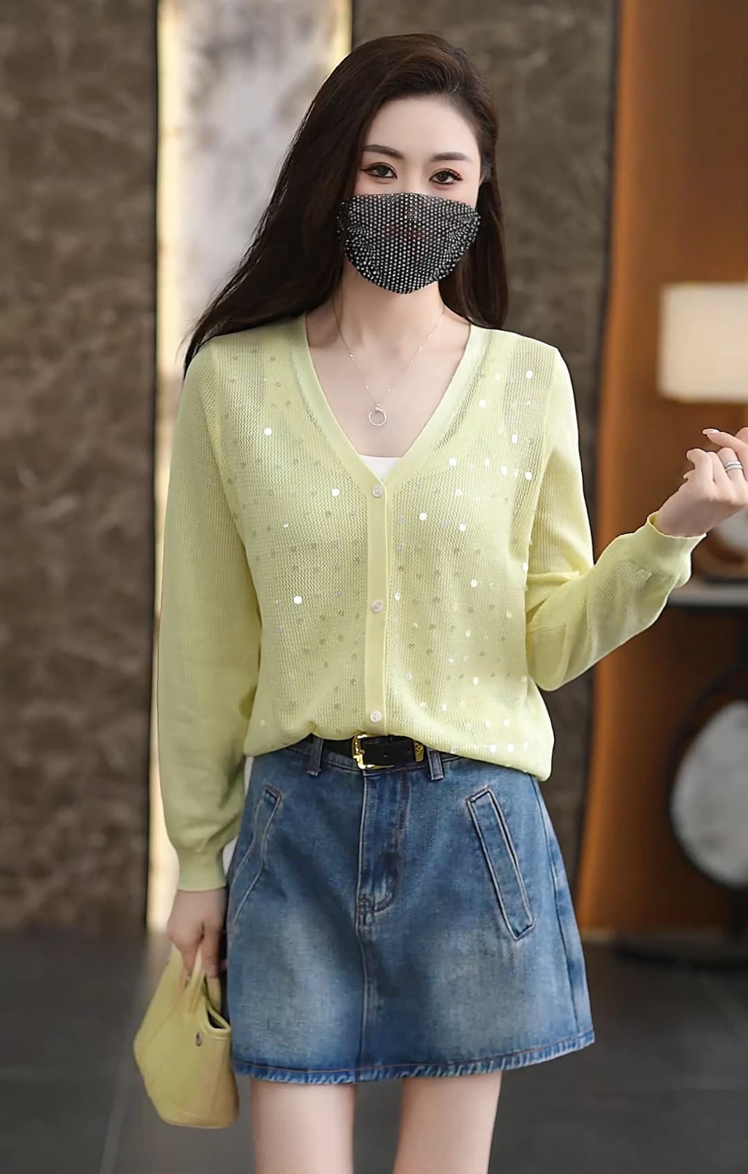Chic 고유 한 얇고 가벼운 통기성 스팽글 홀로우 아웃 니트 오픈 가디건 여름 새로운 캐주얼 자외선 차단 작은 셔츠 다용도 맨위 상세 이미지 14