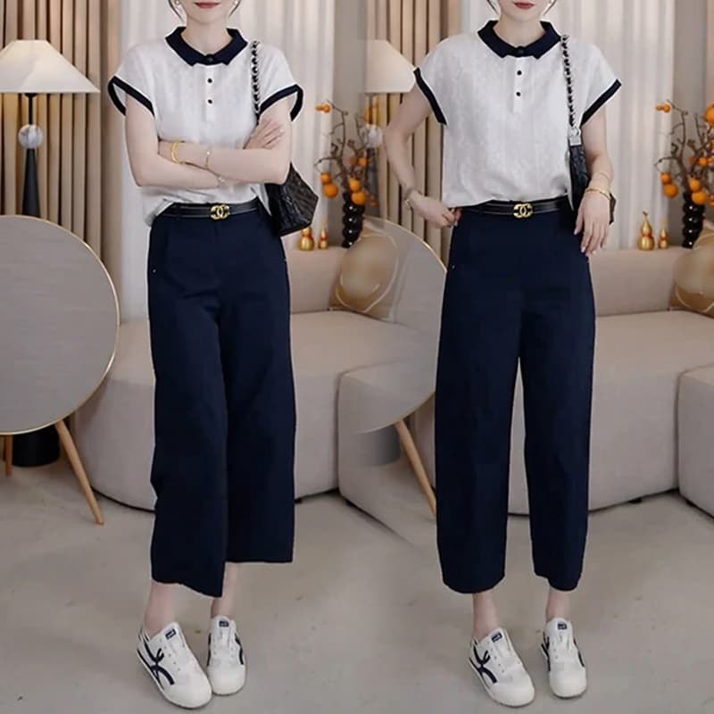 패션 세트 여성 2026 새로운 여름 폴로 칼라 배색 자카드 반팔 티셔츠 스트레이트 캐주얼 바지 투피스 세트 이미지 6