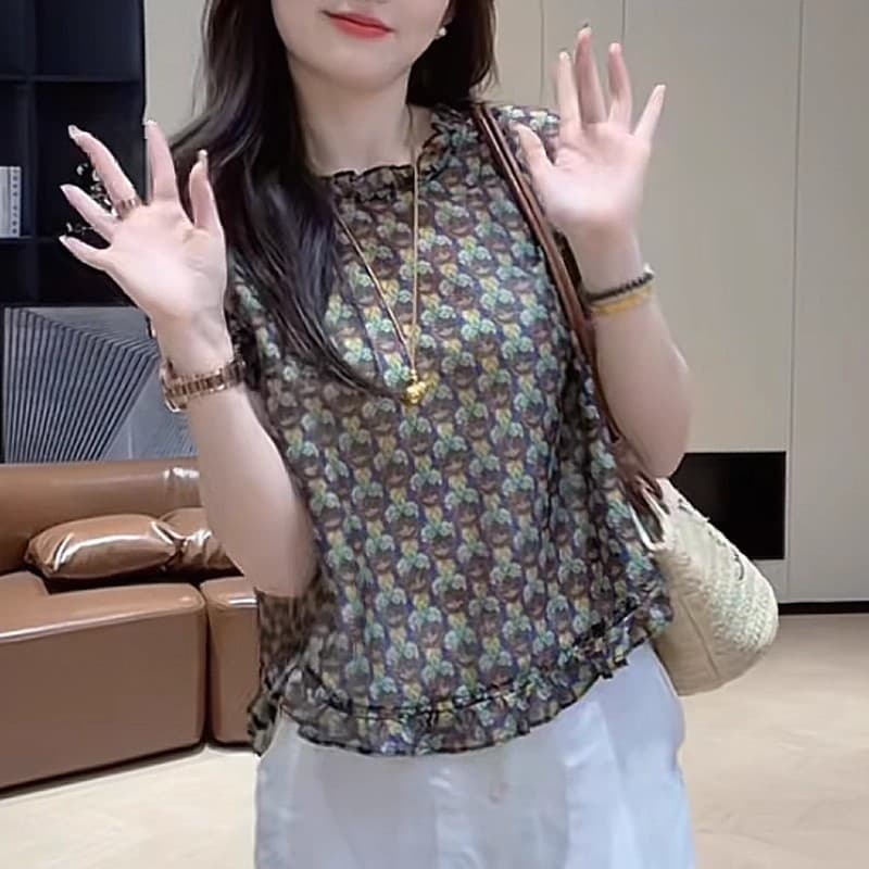 2026 년 여름 새로운 디자인 센스 작은 대중 레트로 꽃무늬 프릴 민소매 여성 셔츠 패션 다용도 옷 이미지 2