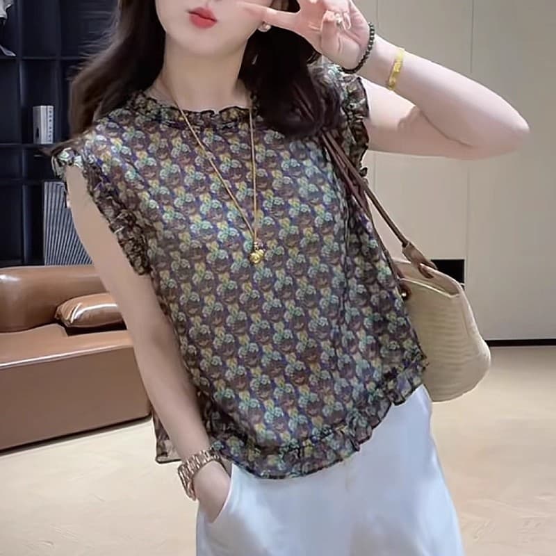 2026 년 여름 새로운 디자인 센스 작은 대중 레트로 꽃무늬 프릴 민소매 여성 셔츠 패션 다용도 옷 이미지 4