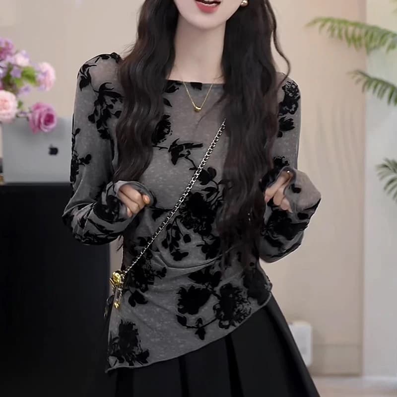 새로운 중식 수묵화 프린트 긴팔 티셔츠 여성 봄 가을 새로운 불규칙 열기 다시 허리 수축 슬림해 보이는 기본 셔츠 맨위 이미지 5