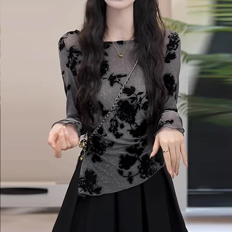 새로운 중식 수묵화 프린트 긴팔 티셔츠 여성 봄 가을 새로운 불규칙 열기 다시 허리 수축 슬림해 보이는 기본 셔츠 맨위 상세 이미지 2
