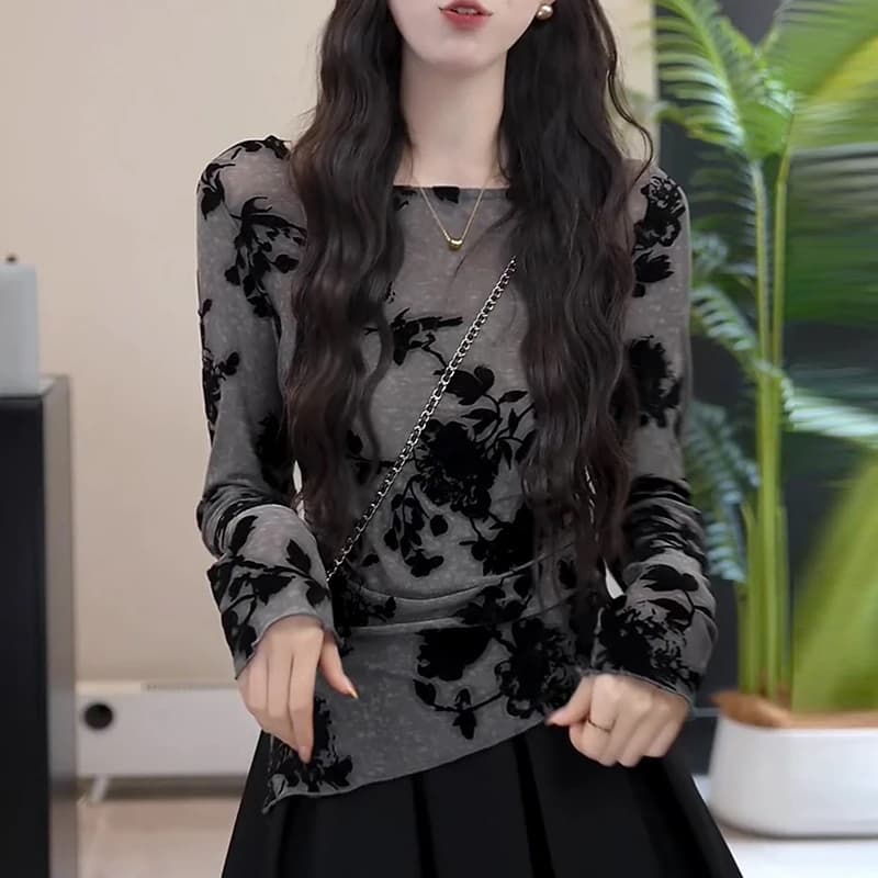 새로운 중식 수묵화 프린트 긴팔 티셔츠 여성 봄 가을 새로운 불규칙 열기 다시 허리 수축 슬림해 보이는 기본 셔츠 맨위 상세 이미지 3