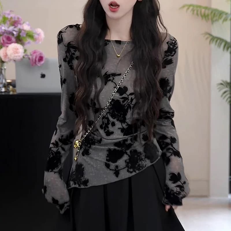 새로운 중식 수묵화 프린트 긴팔 티셔츠 여성 봄 가을 새로운 불규칙 열기 다시 허리 수축 슬림해 보이는 기본 셔츠 맨위 상세 이미지 4