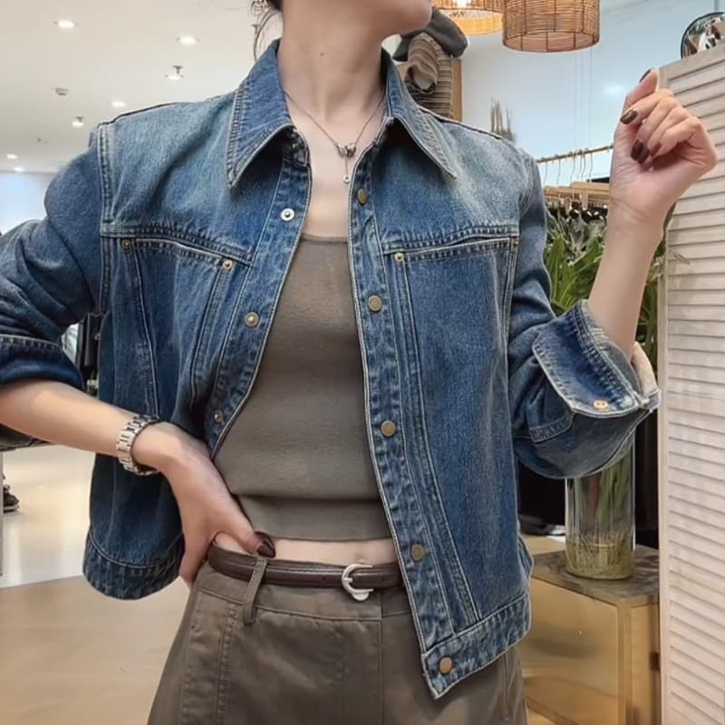 아메리칸 레트로 폴로 칼라 데님 여성 코트 봄 가을 새로운 작은 키 캐주얼 루즈핏 슬림해 보이는 쇼트 스타일 재킷 맨위 이미지 4