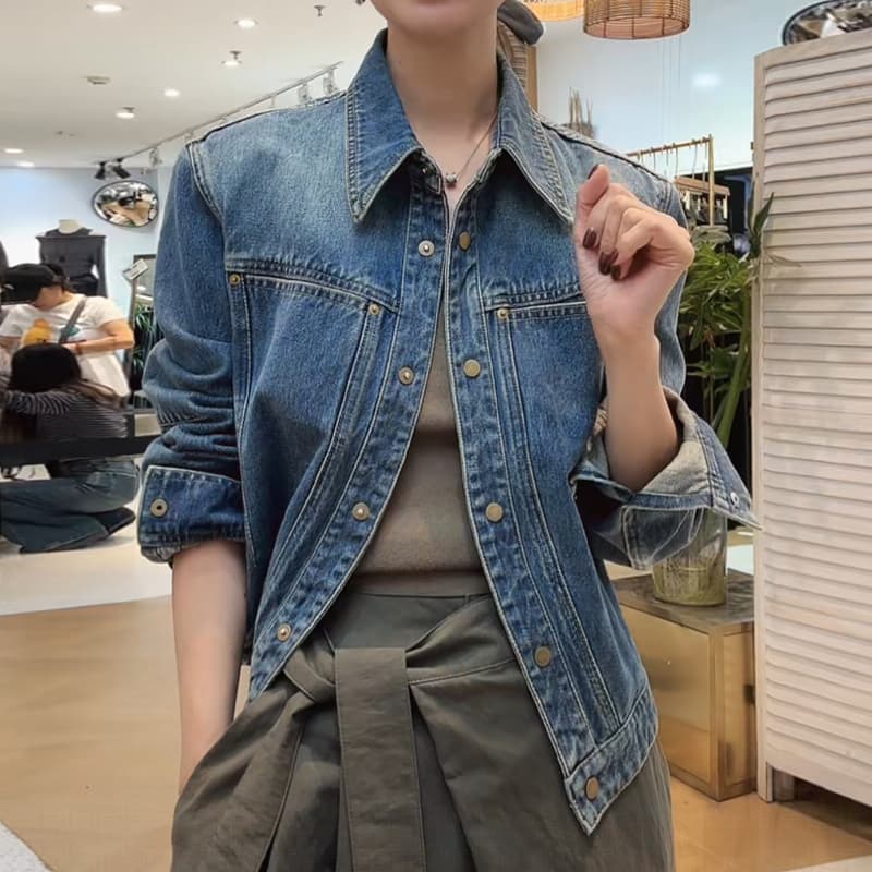 아메리칸 레트로 폴로 칼라 데님 여성 코트 봄 가을 새로운 작은 키 캐주얼 루즈핏 슬림해 보이는 쇼트 스타일 재킷 맨위 상세 이미지 6