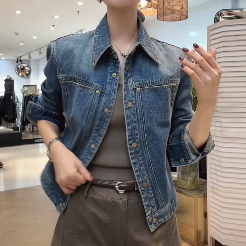 아메리칸 레트로 폴로 칼라 데님 여성 코트 봄 가을 새로운 작은 키 캐주얼 루즈핏 슬림해 보이는 쇼트 스타일 재킷 맨위 상세 이미지 3