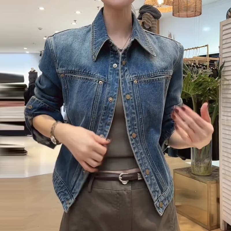 아메리칸 레트로 폴로 칼라 데님 여성 코트 봄 가을 새로운 작은 키 캐주얼 루즈핏 슬림해 보이는 쇼트 스타일 재킷 맨위 상세 이미지 4