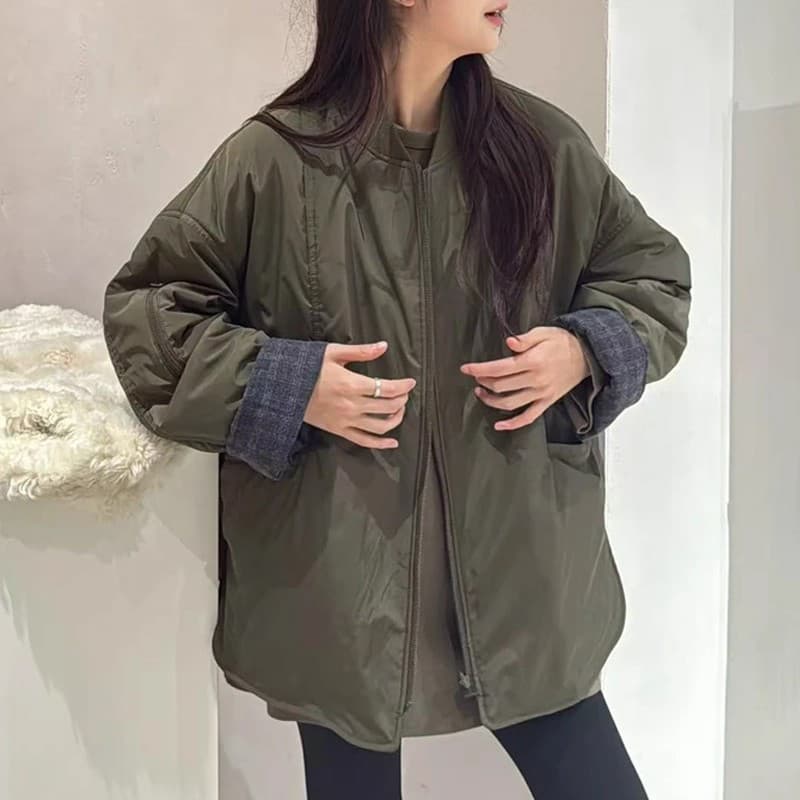 레트로 블랙 회색 체크무늬 양면 착용 스탠드 칼라 솜을 넣은 여성 코트 가을 겨울철 작은 키 느긋한 루즈핏 면 의류 면 옷 상세 이미지 2