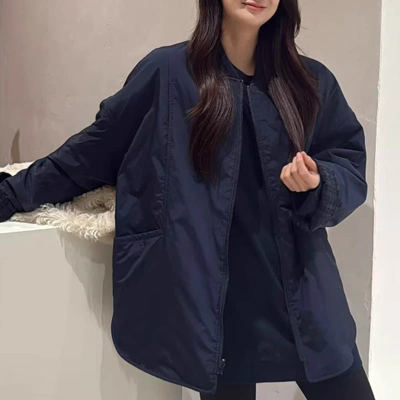 레트로 블랙 회색 체크무늬 양면 착용 스탠드 칼라 솜을 넣은 여성 코트 가을 겨울철 작은 키 느긋한 루즈핏 면 의류 면 옷 상세 이미지 5