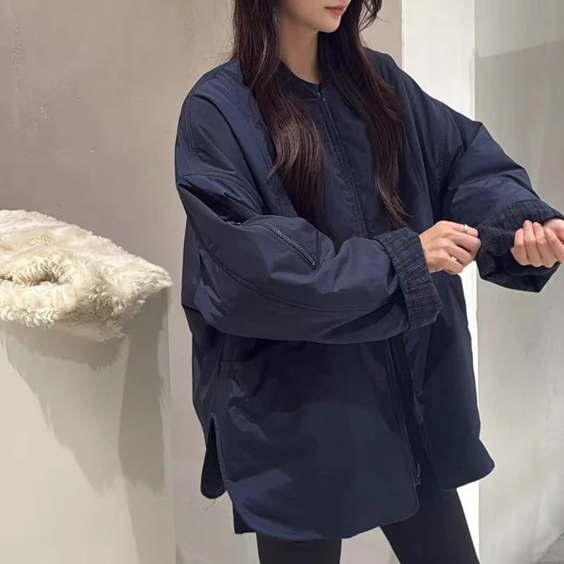 레트로 블랙 회색 체크무늬 양면 착용 스탠드 칼라 솜을 넣은 여성 코트 가을 겨울철 작은 키 느긋한 루즈핏 면 의류 면 옷 상세 이미지 6