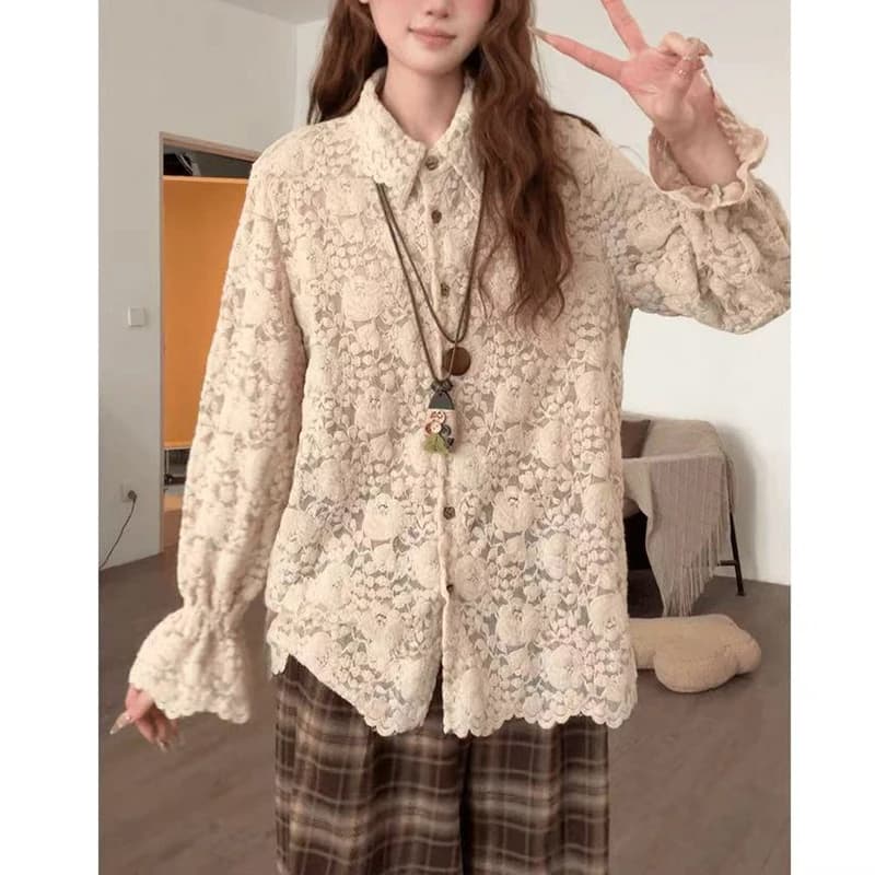 2026 새로운 폴로 칼라 단일 행 기타 버클 긴팔 여성 셔츠 패션 다용도 연령 감소 트렌드 작은 대중 외국 가스 옷 상세 이미지 3