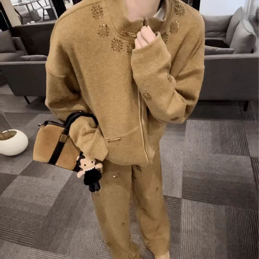 가을 겨울 품격 슬림해 보이는 느긋한 바람 스탠드 칼라 핫픽스 재킷 패션 넓은 다리 길이 바지 세트