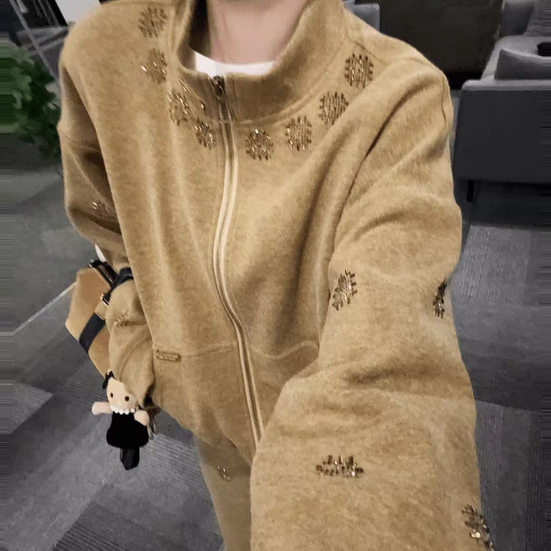 가을 겨울 품격 슬림해 보이는 느긋한 바람 스탠드 칼라 핫픽스 재킷 패션 넓은 다리 길이 바지 세트 이미지 4