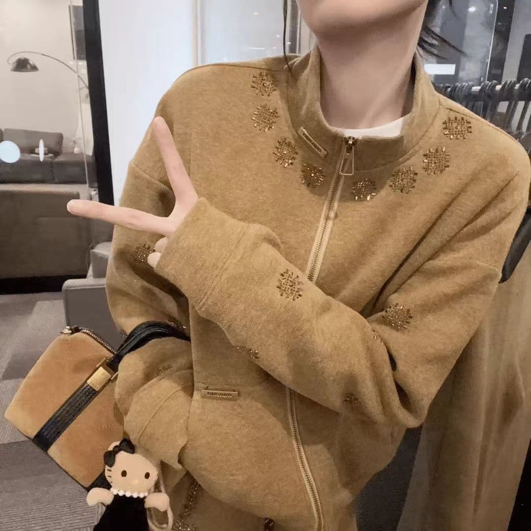 가을 겨울 품격 슬림해 보이는 느긋한 바람 스탠드 칼라 핫픽스 재킷 패션 넓은 다리 길이 바지 세트 이미지 3