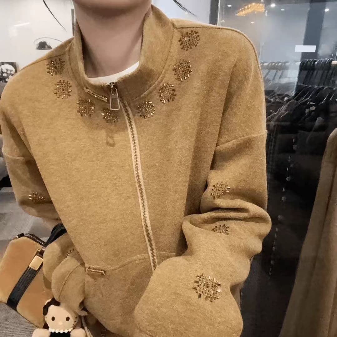 가을 겨울 품격 슬림해 보이는 느긋한 바람 스탠드 칼라 핫픽스 재킷 패션 넓은 다리 길이 바지 세트 이미지 2