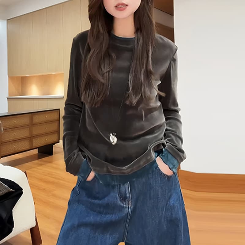 한 부서 편안함 작은 대중 슬림해 보이는 느긋한 바람 이중층 칼라 미니멀리즘 단색 티셔츠 2026 새로운 다용도 트렌드 옷 이미지 5