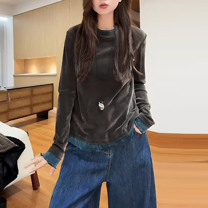 한 부서 편안함 작은 대중 슬림해 보이는 느긋한 바람 이중층 칼라 미니멀리즘 단색 티셔츠 2026 새로운 다용도 트렌드 옷 상세 이미지 2
