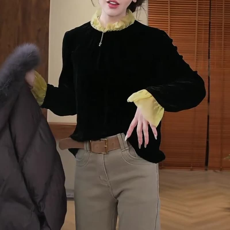 한 부서 절묘한 질감 벨벳 티셔츠 2026 가을 겨울 새로운 배색 프릴 칼라 커프스 루즈핏 여자 상세 이미지 6