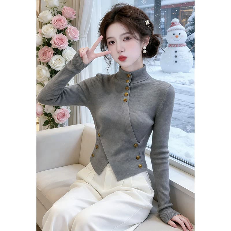 폭발 한 부서 부드러운 바람 미니멀리즘 니트 스웨터 2026 가을 겨울철 디자인 센스 금속 버클 몸매 가꾸기 착용 잡아라. 의류 여성 상세 이미지 3