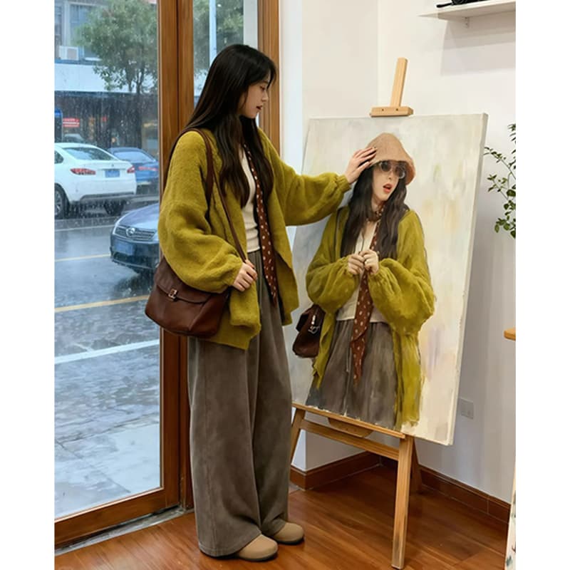 자이언트 잘 생긴 ~ 중 이른 가을 전체 집합 레트로 스타일 부드러운 찹쌀 품격 루즈핏 니트 오픈 가디건 하이웨이스트 와이드 레그 팬츠 투피스 세트 이미지 4