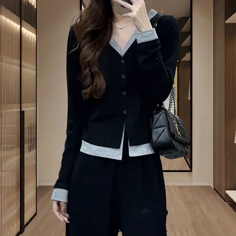 페이크 레이어드 긴팔 니트 스웨터 여성 2026 봄 가을 새로운 작은 키 몸매 가꾸기 슬림해 보이는 긍정적 인 어깨 만나는 맨위 이미지 2