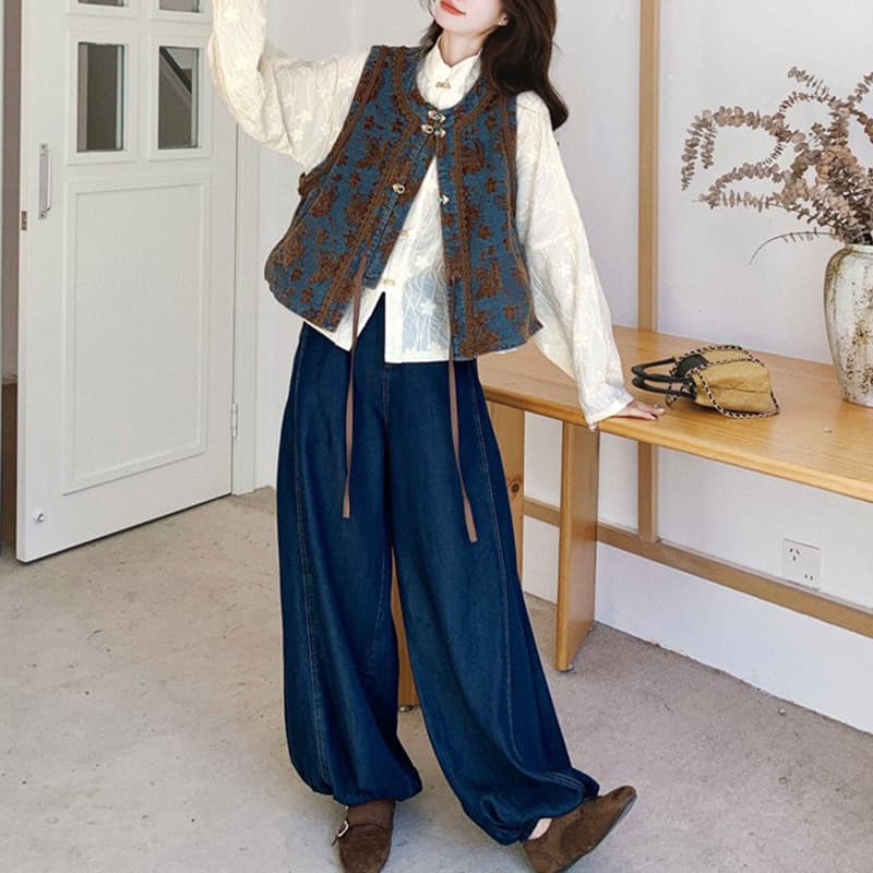 레트로 항구 바람 슬림해 보이는 패션 세트 여성 2026 봄 가을 새로운 셔츠 자카드 베스트 와이드 레그 팬츠 3종 세트 이미지 5