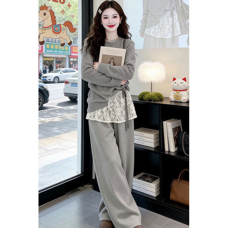 한 부서 chic 세트 느긋한 바람 패치워크 페이크 레이어드 맨위 슬림해 보이는 느슨함 센스 캐주얼 와이드 레그 팬츠 두 조각 여성 세트 이미지 4