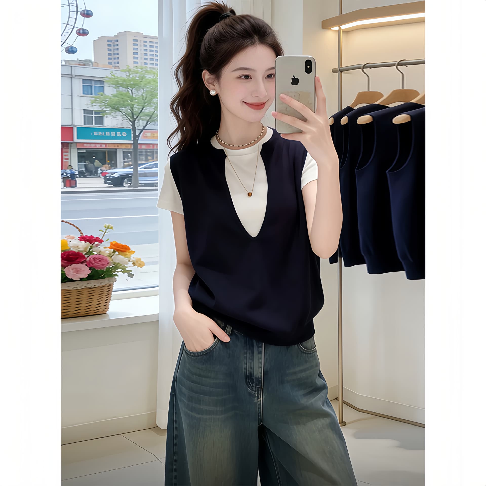 고급 센스 페이크 레이어드 반팔 티셔츠 여성 빅 사이즈 2026 여름 지방 mm 얇은 스타일 루즈핏 슬림해 보이는 맨위