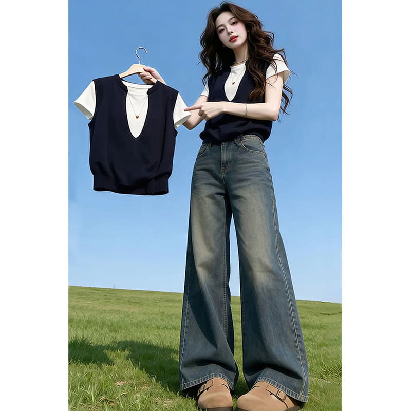 고급 센스 페이크 레이어드 반팔 티셔츠 여성 빅 사이즈 2026 여름 지방 mm 얇은 스타일 루즈핏 슬림해 보이는 맨위