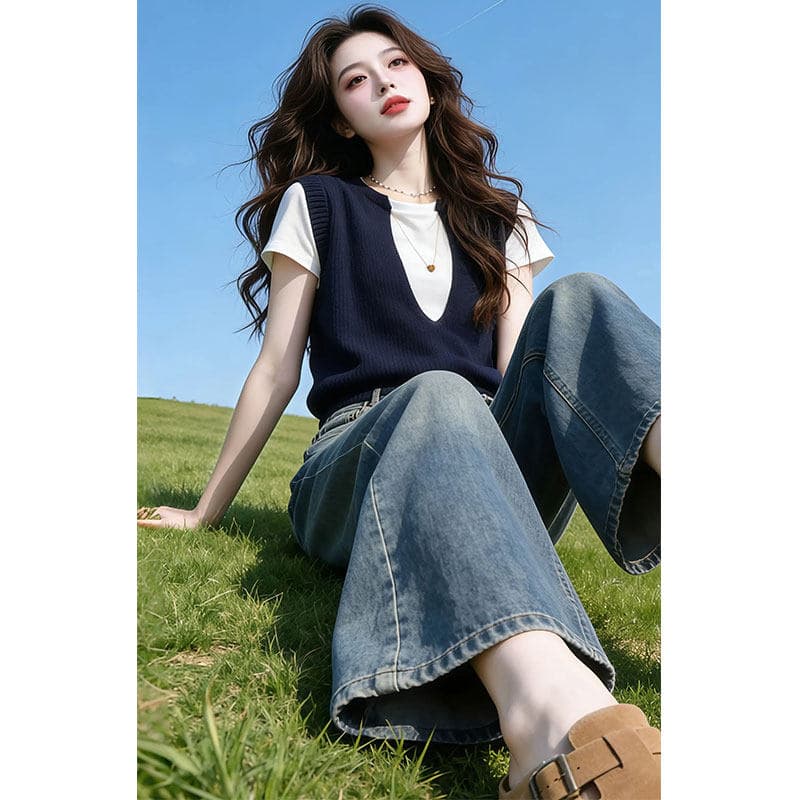 고급 센스 페이크 레이어드 반팔 티셔츠 여성 빅 사이즈 2026 여름 지방 mm 얇은 스타일 루즈핏 슬림해 보이는 맨위 이미지 5