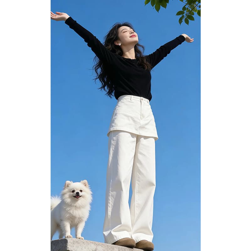 신선함 복숭아 화이트 한 부서 랩스커트팬츠 청바지 여성 봄 새로운 하이웨이스트 슬림해 보이는 와이드 레그 팬츠 어린이