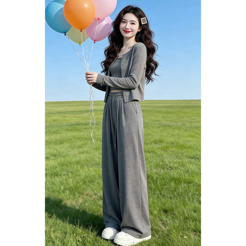 2026 슈퍼 화재 연령 감소 세트 여성 봄 가을 새로운 느긋한 센스 회색 오픈 가디건 캐미솔 캐주얼 바지 3종 세트 이미지 2