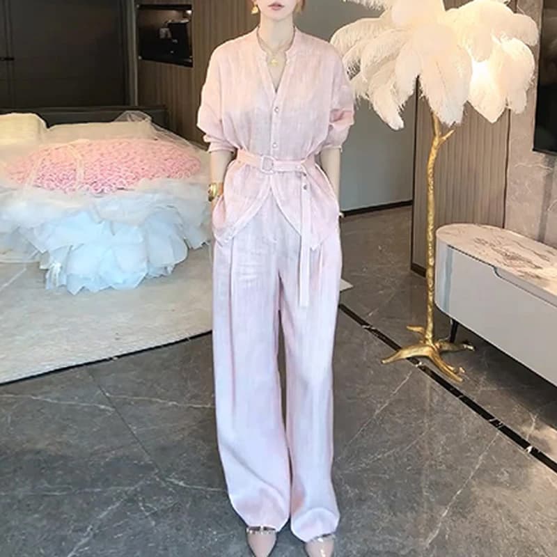 한 부서 캐주얼 바람 패션 트렌드 세트 여성 2026 년 봄 가을 새로운 느긋한 미니멀리즘 맨위 바지 투피스 세트