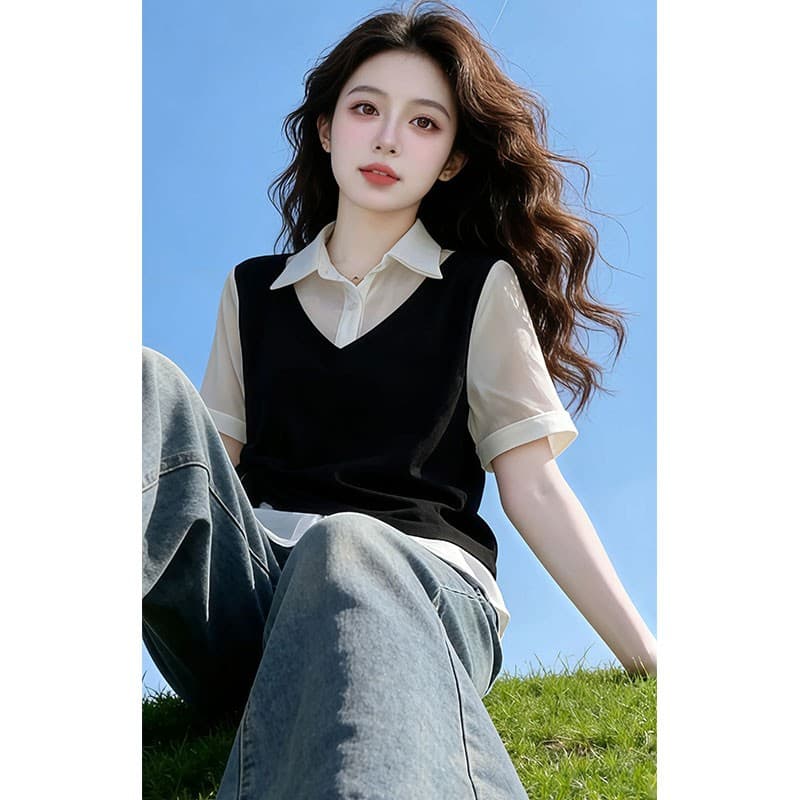 개인화 빛 직업 바람 품격 페이크 레이어드 패치워크 셔츠 2026 여름 새로운 슬림해 보이는 셔츠 상세 이미지 6