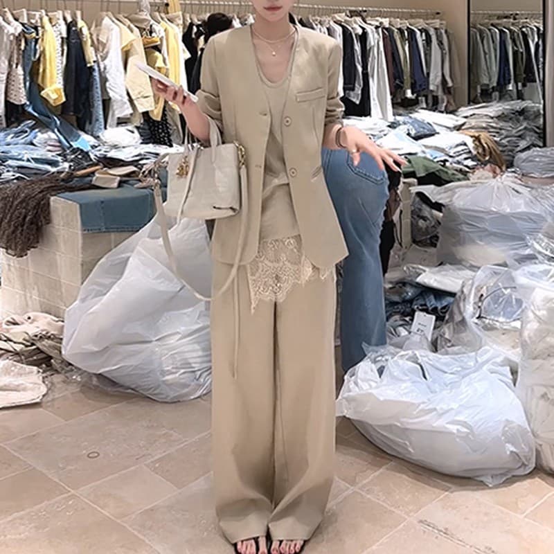 2026 년 봄 여름 작은 대중 바람 세트 레이스 방귀 커튼 플러스 바지 플러스 조끼 플러스 재킷 사피스 세트 이미지 3