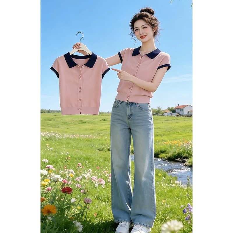 배색 POLO 칼라 반팔 니트 오픈 가디건 여성 2026 여름 부드러운 디스플레이 화이트 루즈핏 연령 감소 슬림해 보이는 빅 사이즈 맨위 상세 이미지 6