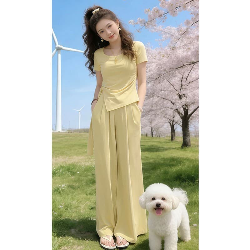 자이언트 잘 생긴 ~ 중 2026 여름 드레스 전체 집합 외국 가스 연령 감소 슬림해 보이는 표지 고기 캐주얼 반팔 와이드 레그 팬츠 두 조각 여성 세트 이미지 5