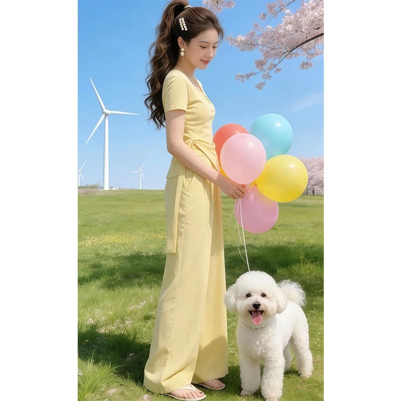 자이언트 잘 생긴 ~ 중 2026 여름 드레스 전체 집합 외국 가스 연령 감소 슬림해 보이는 표지 고기 캐주얼 반팔 와이드 레그 팬츠 두 조각 여성 세트 상세 이미지 2
