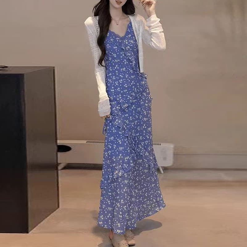 2026 새로운 패션 세트 봄 여름 프랑스식 오픈 가디건 우아함 꽃무늬 드레스 두 조각 여성 세트 상세 이미지 6